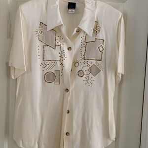 Women's Cream Short-Sleeve Embroidered Button-Up Blouse